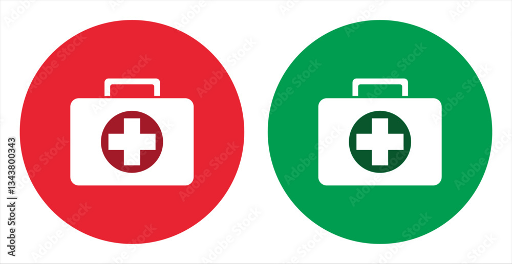 First aid kit icons in red and green circular backgrounds. Medical emergency symbols. Flat design for healthcare, safety, rescue, and emergency medical services. Icons, vector. First aid kit icons in red and green circular backgrounds. Medical emergency symbols. Flat design for healthcare, safety, rescue, and emergency medical services. Icons, vector.