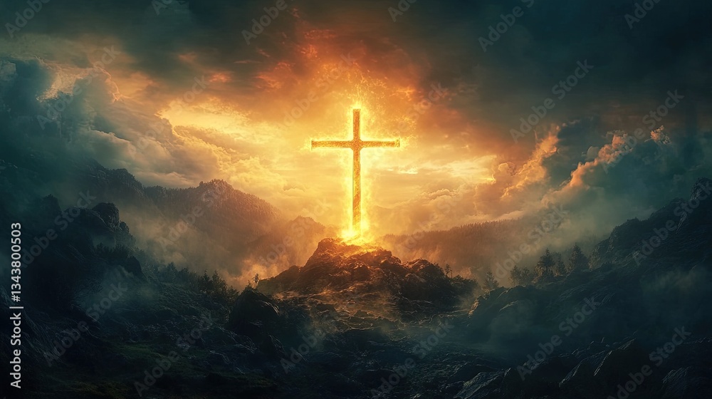 Abstract golden cross glowing over mountain landscape, surreal divine aura Abstract golden cross glowing over mountain landscape, surreal divine aura