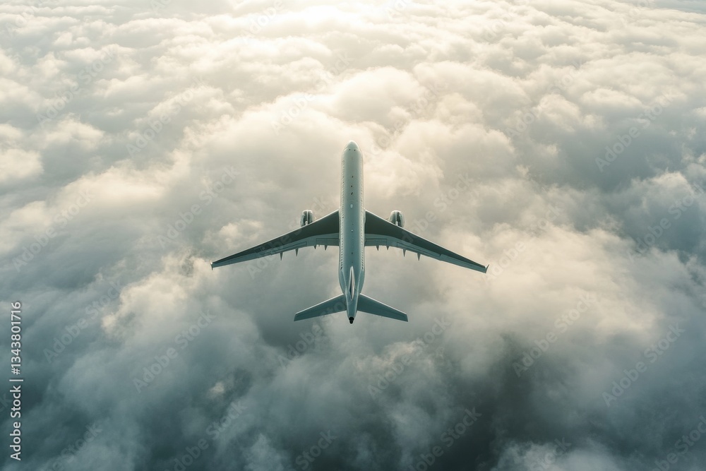 Obraz premium Airplane Flying Above Soft White Clouds During Bright Sunset