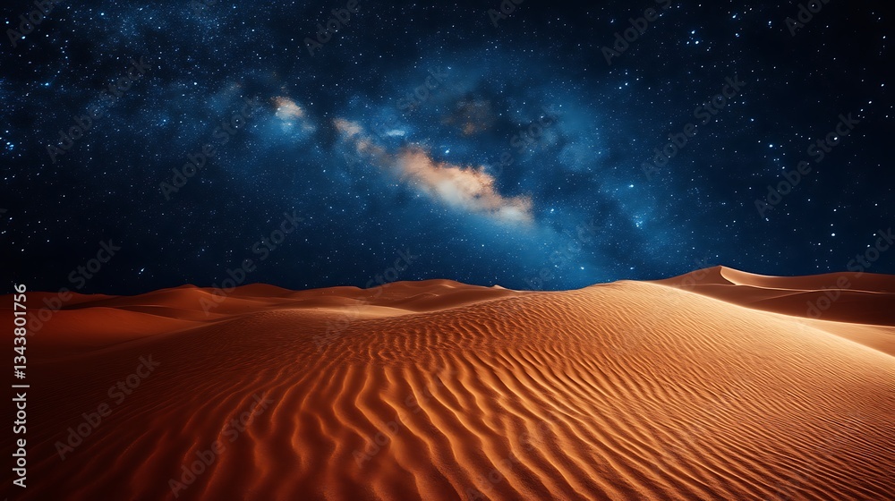 Naklejka premium Magnificent star filled sky above rippled desert sand dunes at night landscape