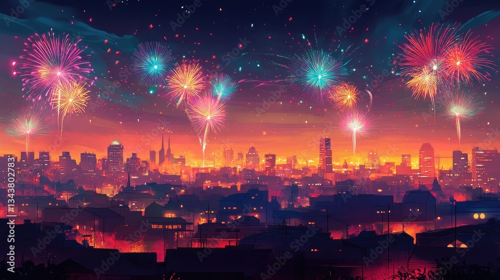 Fototapeta premium Vibrant city skyline illuminated by colorful fireworks during a festive night celebration, with silhouettes of buildings