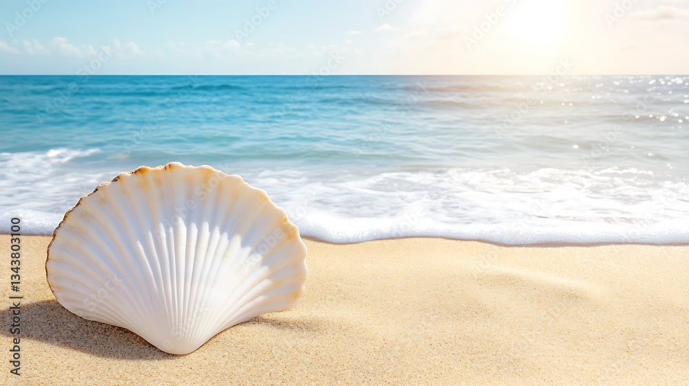 Seashell on beach, tranquil ocean backdrop, vacation Seashell on beach, tranquil ocean backdrop, vacation
