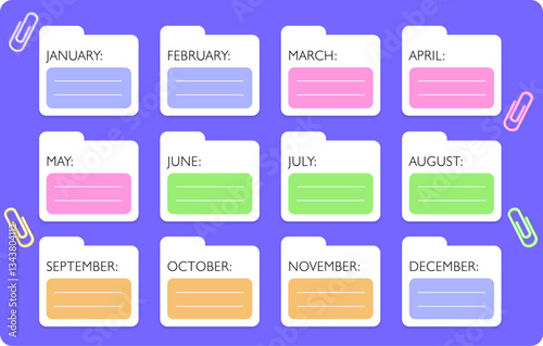 Vector set of stickers of all months of the year. Calendar for planning.