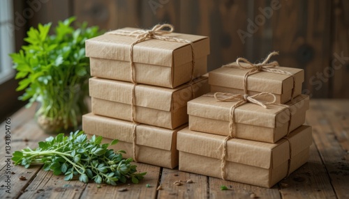 Embalajes sostenibles, cajas biodegradables cuidadosamente apiladas, envueltas con cordel y colocadas junto a hierbas frescas en una mesa rústica