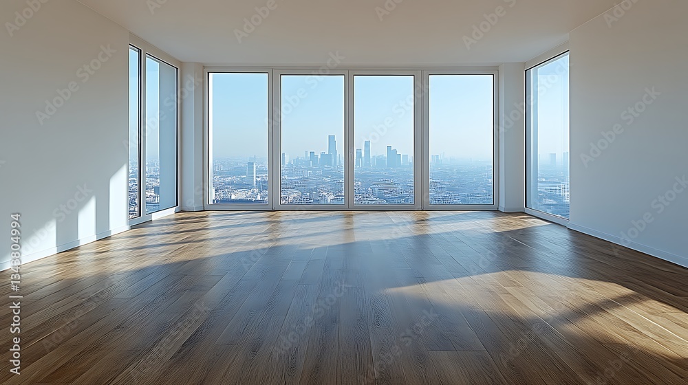Obraz premium Empty room with panoramic windows and city view, wooden floor and white walls