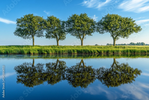 Trees are reflected in the water of a lake on a sunny day