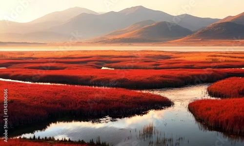 A serene autumn scene at Panjin Red Beach, with the red marshlands in full bloom under the golden sunlight, and the surrounding landscape starting to show fall colors