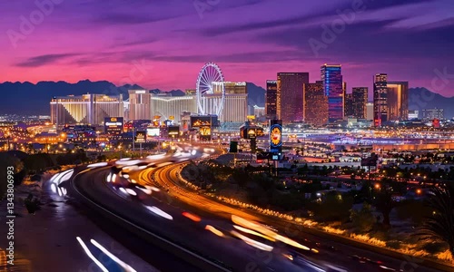 A desert road leading to Las Vegas with the city lights shining in the distance at dusk
