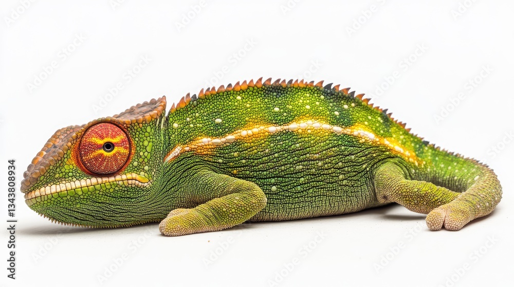 Obraz premium A vibrant green chameleon resting on a white surface, showcasing its intricate scales and striking eyes