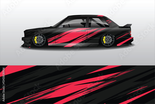 Sleek black and red sports car with dynamic graphics parked against a minimalist background