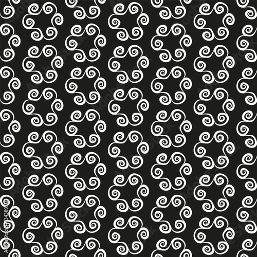 Seamless white pattern in ethnic style. Vector illustration, with abstract curl elements on a black background.