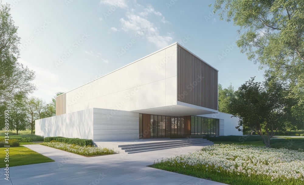 Modern minimalist building with sleek architecture and lush surroundings. Modern minimalist building with sleek architecture and lush surroundings.