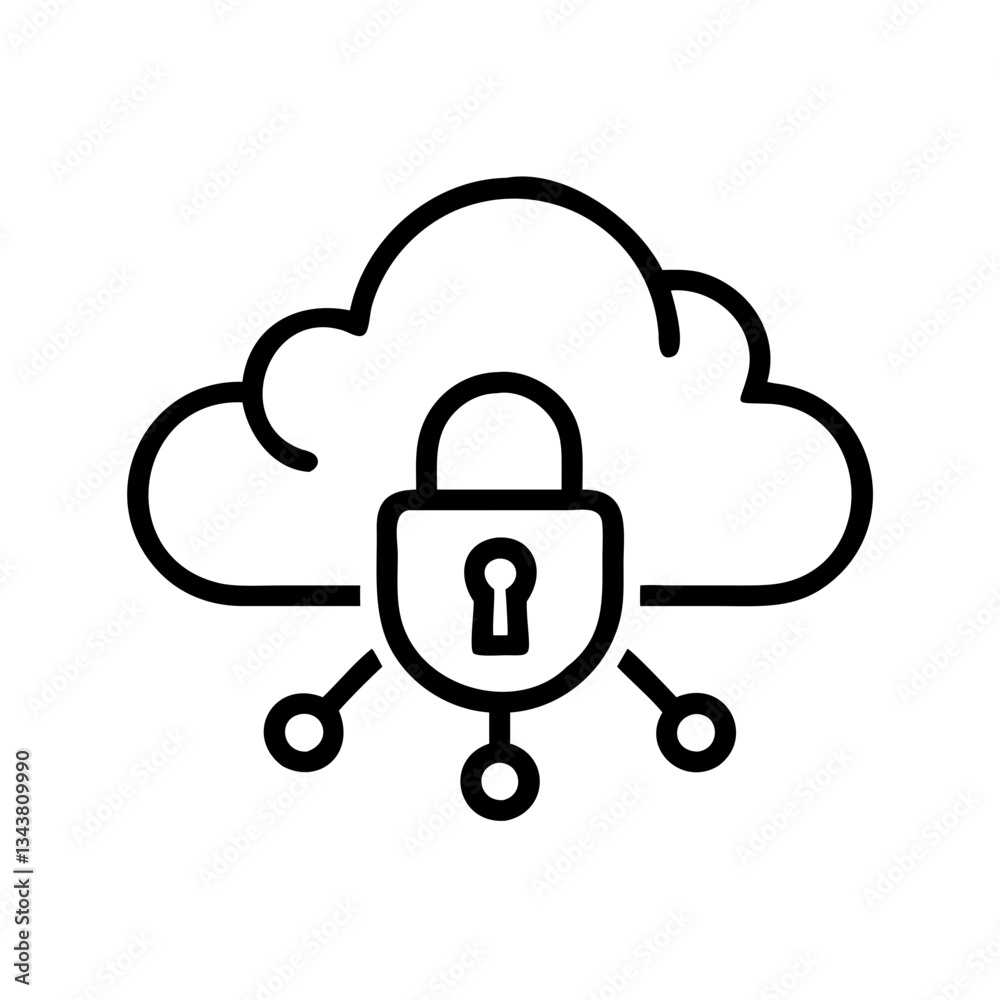 Cloud with padlock, cibersecurity,  thin line vector icon with transparent background