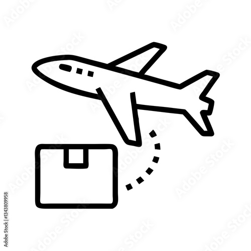 Airplane with parcel, thin line vector icon with transparent background