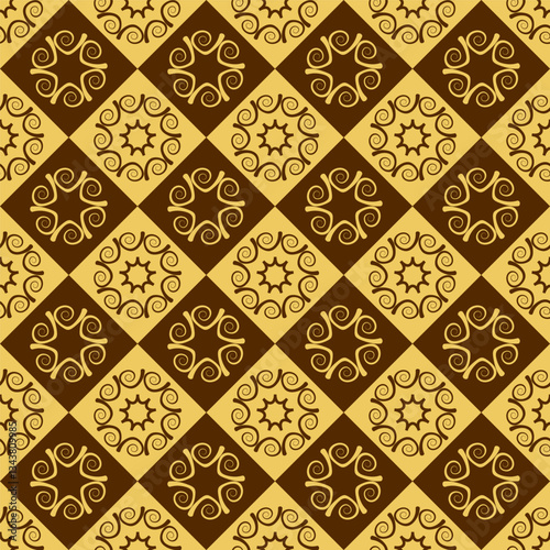 Geometric seamless pattern with abstract elements in ethnic style. Vector illustration, yellow and brown colors.