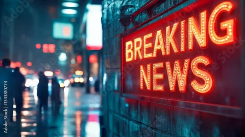 Breaking News Alert Neon Sign on City Street at Night, Urgent Announcement, Media and Journalism Background