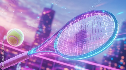 Stunning Tennis Scene Featuring a Neon Racket and Tennis Ball Against a Vibrant Urban Sunset Background, Perfect for Sports and Recreation Themes
