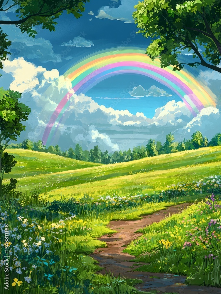 Obraz premium Colorful rainbow arches over peaceful green landscape.