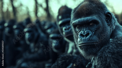 Evocative socialist realism photo depicting a troop of gorillas in a close, protective group,