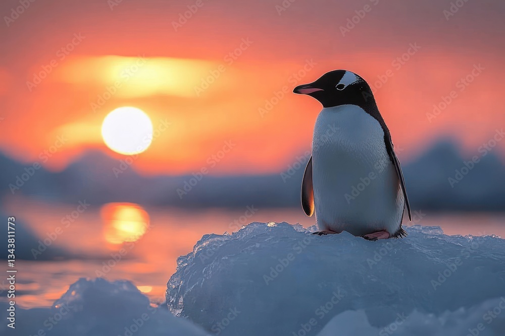 Fototapeta premium Photorealistic penguin standing on iceberg at sunset