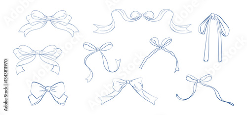 Ribbons and various bows, hand drawn in blue ink. For invitations to weddings, parties, birthdays, holidays, Christmas, Valentine's Day. Vector illustration. Isolated.