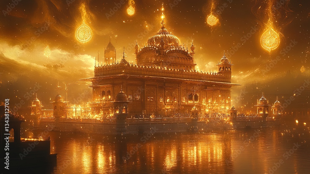 Obraz premium Surreal golden temple with floating symbols in the sky, glowing divine aura 