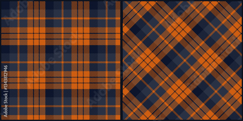 Dark blue orange tone plaid seamless pattern vector. Background graphic tartan fashion design use for print, texture, cloth, fabric, flannel.