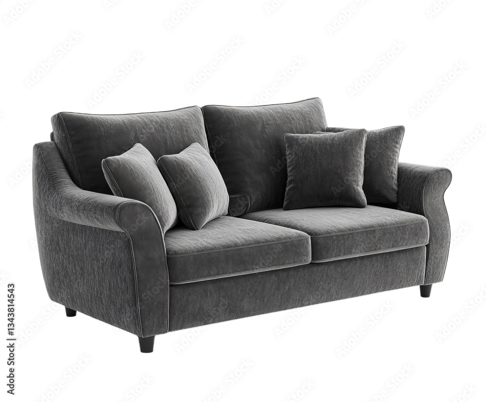 Fototapeta premium A stylish gray sofa features several plush cushions, creating an inviting atmosphere in a well-lit living room. The modern design complements various interior styles while offering comfort