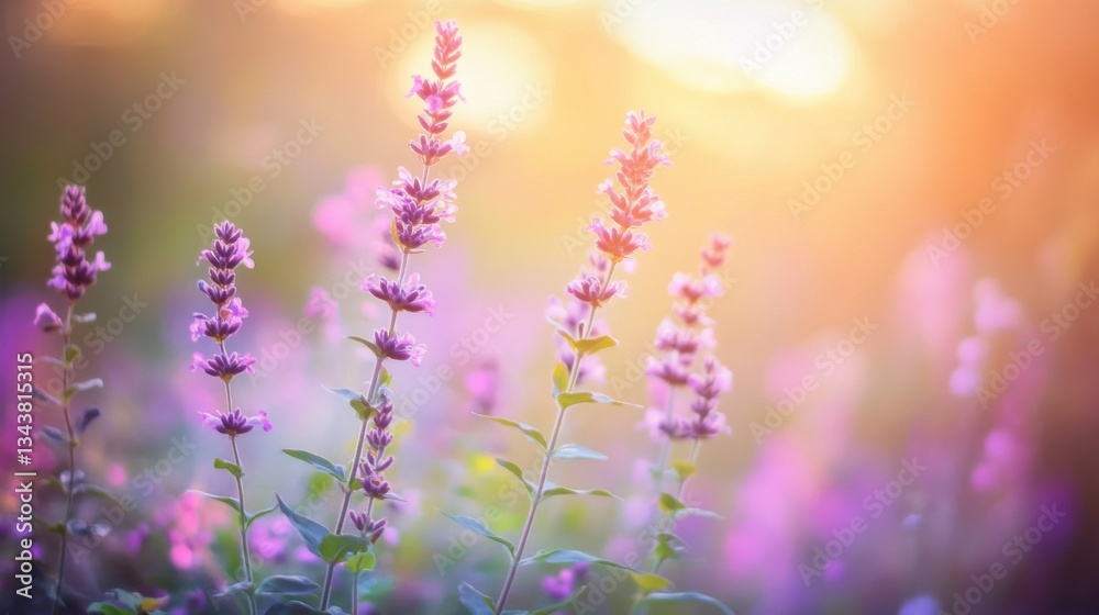 Naklejka premium Soft Purple Blossoms at Sunset in a Tranquil Nature Scene