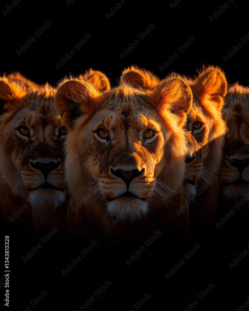 Fototapeta premium Dramatic portrait photograph of social lions gathered together, presented in socialist realism
