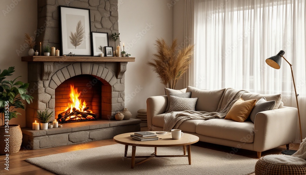 Naklejka premium Inviting Living Space with Fireplace, Beige Sofa, and Wooden Coffee Table