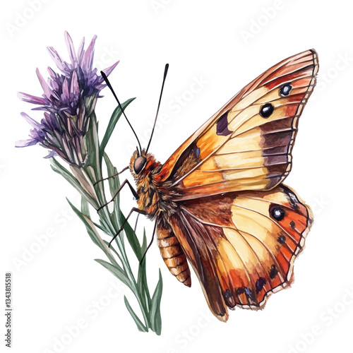 A watercolor vector painting of a safflower skipper butterfly, isolated on a white background. Safflower skipper butterfly vector.

