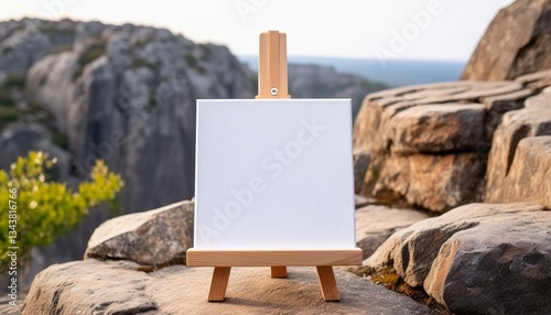 Small blank canvas on an easel set against a rocky outdoor background, ideal for art and creativity concepts in nature.