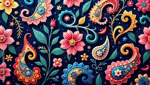 Intricate paisley floral pattern in vibrant hues, texture, floral