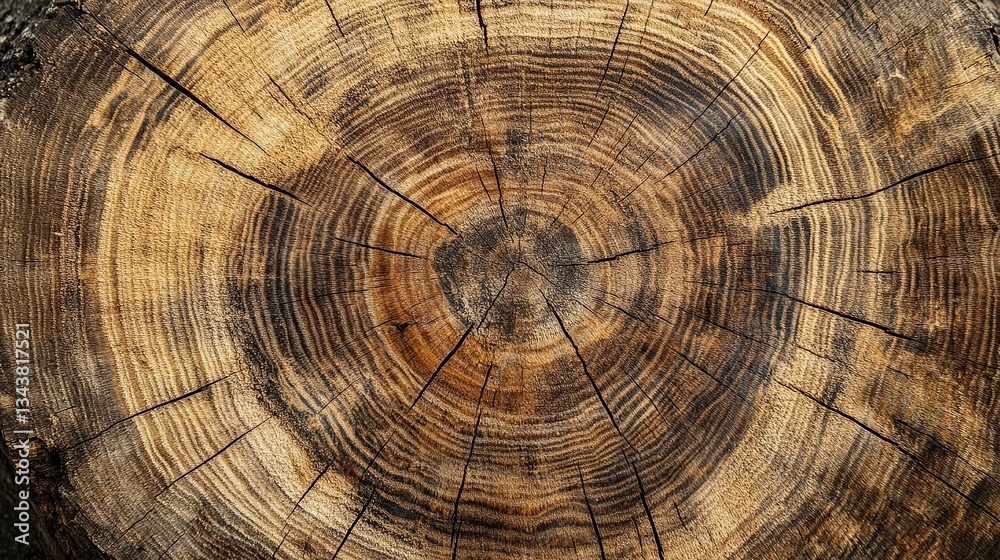 Close-up of ancient tree trunk cross-section with distinct wood rings and cracks, embodying age and resilience. Textured, warm-toned rustic beauty for home decor design. Close-up of ancient tree trunk cross-section with distinct wood rings and cracks, embodying age and resilience. Textured, warm-toned rustic beauty for home decor design.
