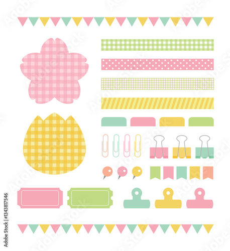 Set of decorative illustration icons with 'spring' concept. Various objects such as note, memo, label, index, pincer, card, clip, tong, tack, thumbtack and pins.