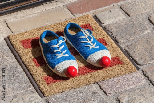 Playful Blue Shoes with Red Clowns Nose on Welcome Mat
