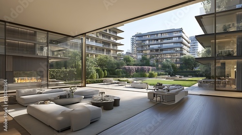 A luxurious modern living space with beautiful outdoor views presented