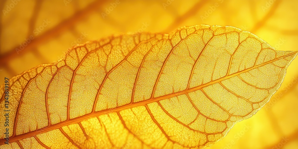 Obraz premium Close-up of Yellow Alder Leaf Surface with Fractal Patterns and Diffused Sunlight in Autumn
