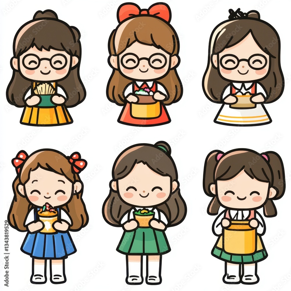six Icons about girls with glasses and hair in tie smiling face image holding a snack in cute school costume six Icons about girls with glasses and hair in tie smiling face image holding a snack in cute school costume