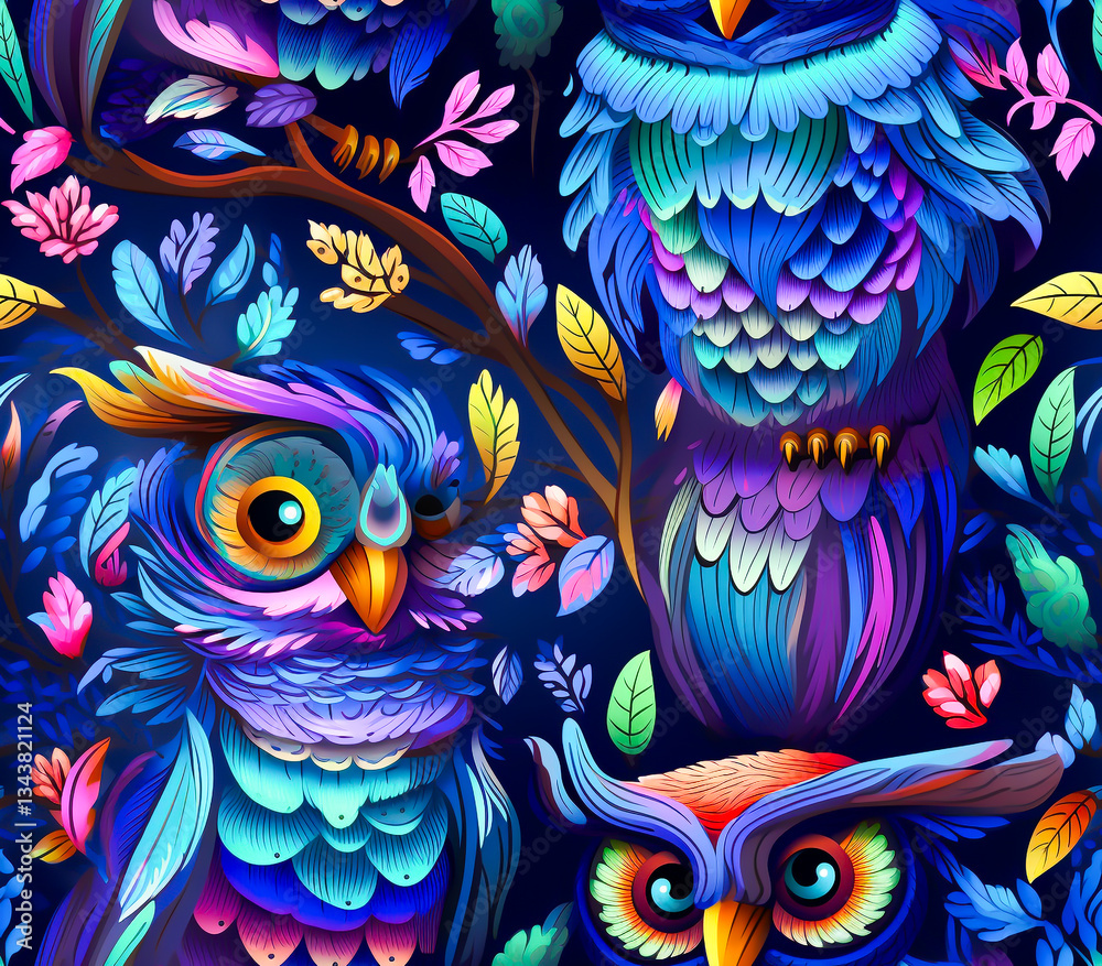 Fototapeta premium Purple, pink, blue owl nature background. Seamless pattern. Modern for design background.