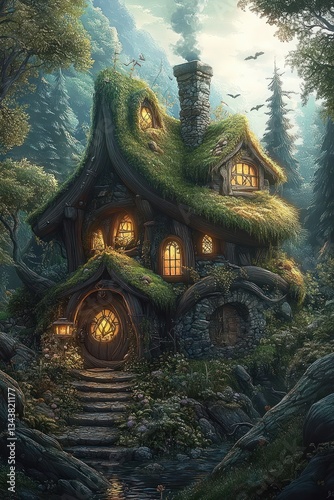 Magical Cottage in Fantasy Forest Surrounded by Lush Pines and Glowing Lights