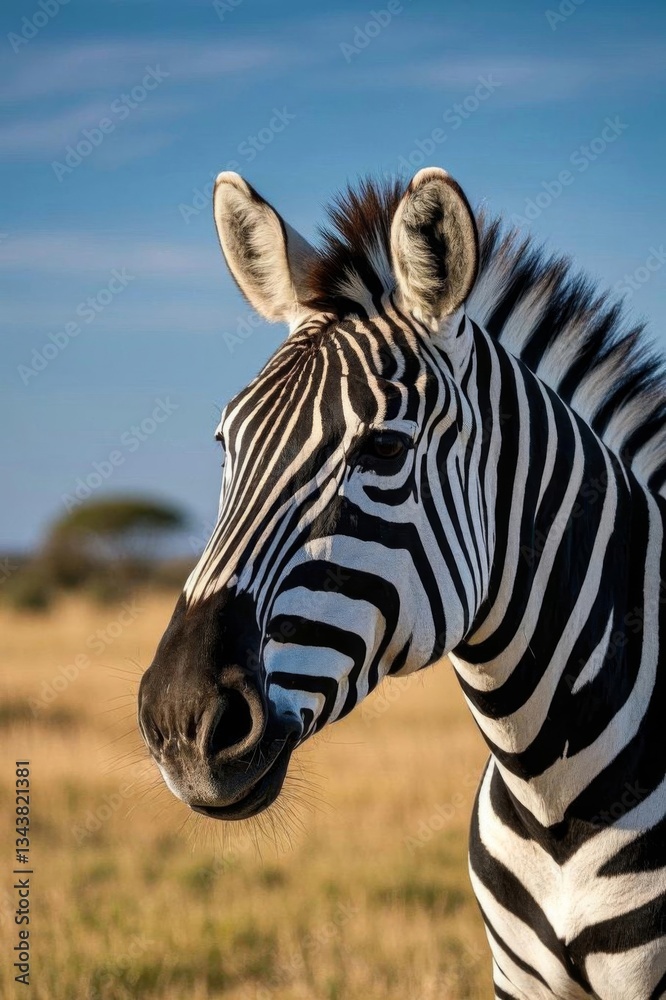 Naklejka premium zebra standing in a field with a blue sky in the background
