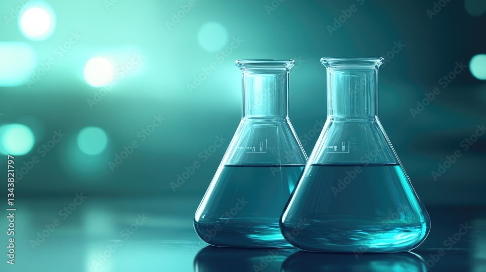 Two laboratory flasks filled with turquoise liquid sit on a reflective surface with a soft-focus background of glowing lights Two laboratory flasks filled with turquoise liquid sit on a reflective surface with a soft-focus background of glowing lights