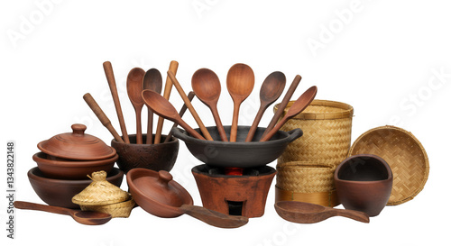 Rustic Wooden Spoons Clay Pots and Woven Baskets on Transparent Background photo