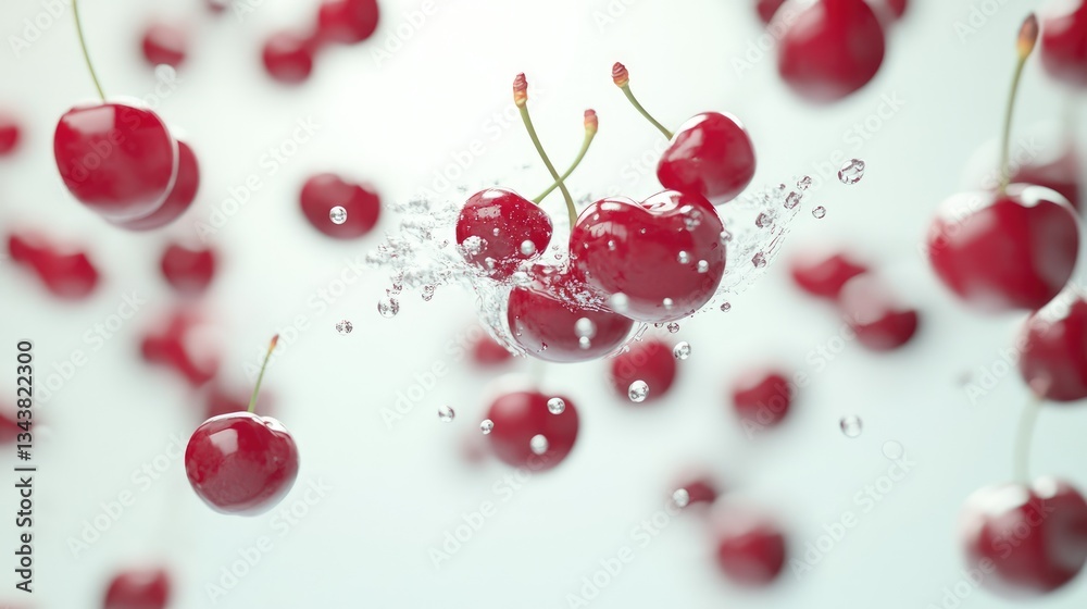 Fresh cherries splashing into water, creating dynamic droplets against a soft, blurred background
