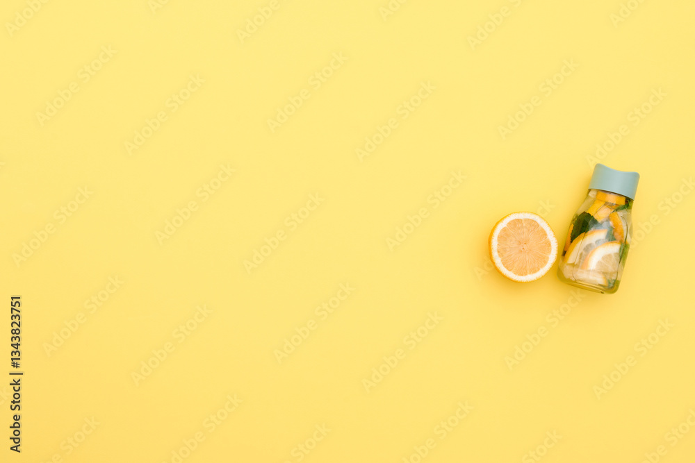 A bottle of water and a slice of lemon on a yellow background. A hydrating and refreshing drink with a twist. Top view, copy space A bottle of water and a slice of lemon on a yellow background. A hydrating and refreshing drink with a twist. Top view, copy space