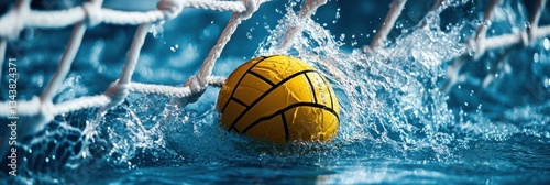 Water Polo Goal: Dynamic Action Shot of a Yellow Ball Entering the Net
