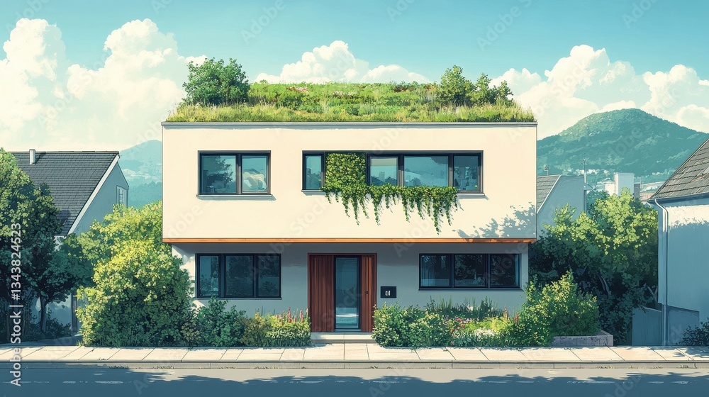 Green roof house, sunny suburb, mountains background, eco-friendly home design Green roof house, sunny suburb, mountains background, eco-friendly home design