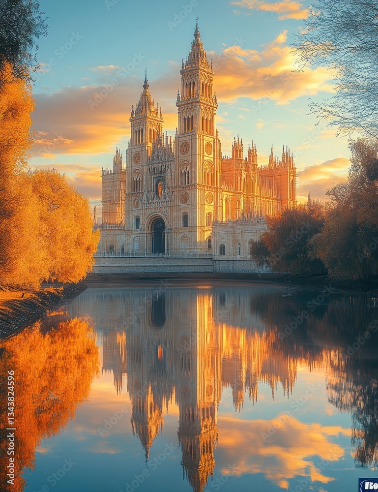 Obraz premium Gothic Cathedral by the Riverside at Sunset in Majorca Spain